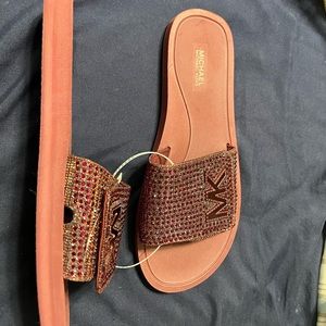Brand New Never Worn Michael Kors Embellished Slides Maroon Red Size 9